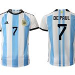 Argentina DE PAUL #7 Hemmatröja FIFA World Cup Qatar 2022 Herr Fotbollströjor Vit blå Kortärmad