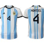 Argentina MONTIEL #4 Hemmatröja FIFA World Cup Qatar 2022 Herr Fotbollströjor Vit blå Kortärmad