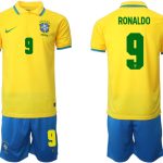 Brasilien Herr Hemmatröja VM 2022 Kortärmad + Korta byxor med namn RONALDO 9