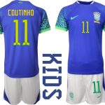 COUTINHO #11 Brasilien Bortatröja Barn FIFA VM 2022 Qatar Kortärmad + Korta byxor