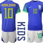 RONALDINHO #10 Brasilien Bortatröja Barn FIFA VM 2022 Qatar Kortärmad + Korta byxor