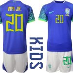 VINI JR.#20 Brasilien Bortatröja Barn FIFA VM 2022 Qatar Kortärmad + Korta byxor