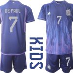 DE PAUL #7 Argentina Bortatröja FIFA World Cup Qatar 2022 Barn purpurfärgad Kortärmad + Korta byxor