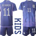 DI MARIA #11 Argentina Bortatröja FIFA World Cup Qatar 2022 Barn purpurfärgad Kortärmad + Korta byxor