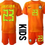 EDERSON M. #23 Brasilien Målvaktströja Barn FIFA VM 2022 Qatar orange Kortärmad + Korta byxor