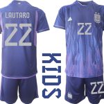 LAUTARO #22 Argentina Bortatröja FIFA World Cup Qatar 2022 Barn purpurfärgad Kortärmad + Korta byxor