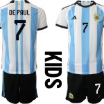 DE PAUL #7 Argentina Hemmatröja FIFA World Cup Qatar 2022 barn Kortärmad + Korta byxor