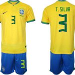 T.SILVA #3 Brasilien Hemmatröja Herr VM 2022 Kortärmad + Korta byxor