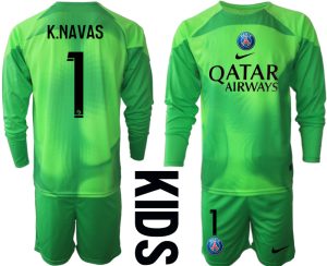 Beställa Fotbollströjor K.NAVAS #1 Paris Saint-Germain PSG Målvakt Barn 2023 grön Långärmad + Korta byxor