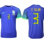 Billigt Brasilien Bortatröja Herr VM 2022 Kortärmad Billiga Fotbollströjor med tryck T.SILVA 3