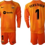 Nya TERSTEGEN #1 FC Barcelona 2023 Målvaktströja Herr orange Långärmad + Korta byxor