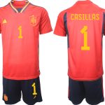 Beställa Fotbollströjor CASILLAS #1 Fotboll Träningsdräkt Spanien Hemmatröja Herr VM 2022 Kortärmad + Korta byxor