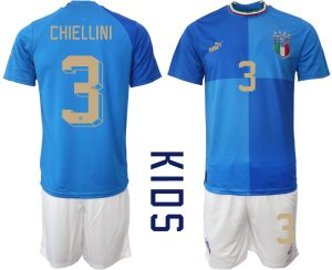 Beställa Fotbollströjor Italien Hemmatröja 2023 Barn Fotbollströjor Kortärmad + Korta byxor med tryck CHIELLINI 3
