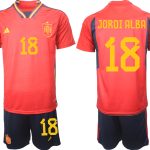 Beställa Fotbollströjor Spanien Hemmatröja Herr VM 2022 Kortärmad + Korta byxor med tryck JORDI ALBA 18