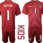 BUFFON #1 Italien Målvaktströja 2023 Barn Röd Fotbollströjor Kortärmad + Korta byxor Beställa Fotbollströjor