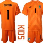 Nya BUFFON #1 Italien Målvaktströja 2023 Barn orange Fotbollströjor Kortärmad + Korta byxor