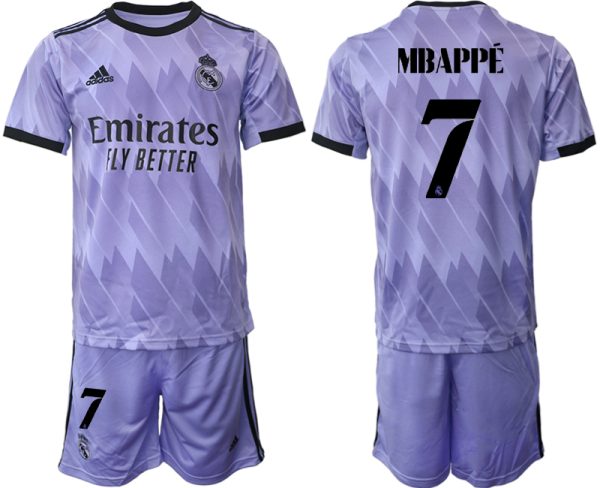 Nya Real Madrid Bortatröja 2023 Herr Kortärmad + Korta byxor MBAPPÉ 7 Fotbollströja Set