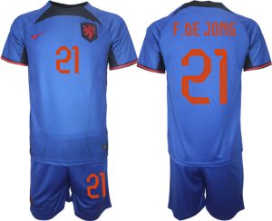 Nederländerna Matchtröjor Herr Fotbollströja VM 2022 Kortärmad + Korta byxor F.DE JONG 21 tröja set